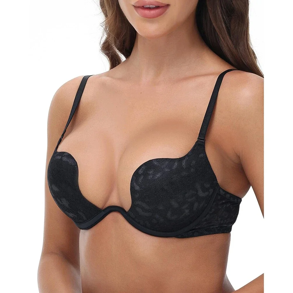 Cortelay Women's Black Deep V Neck Plunge Bra Push Up Light Pad Leopard Lace 40D